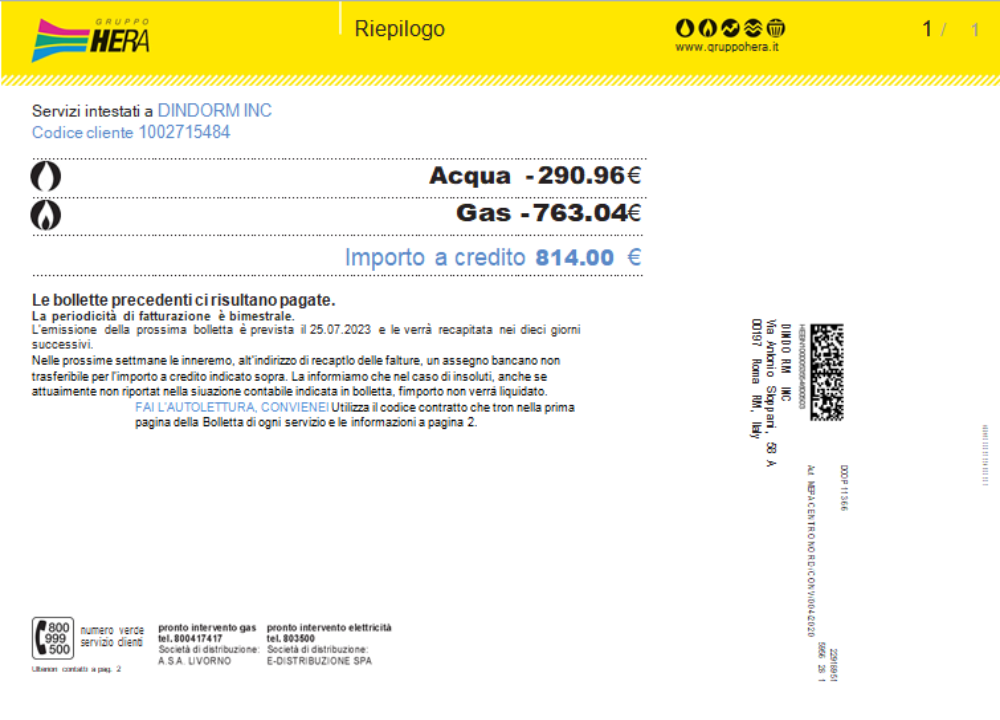 Gruppo Hera utility business bill, SCR PSD template